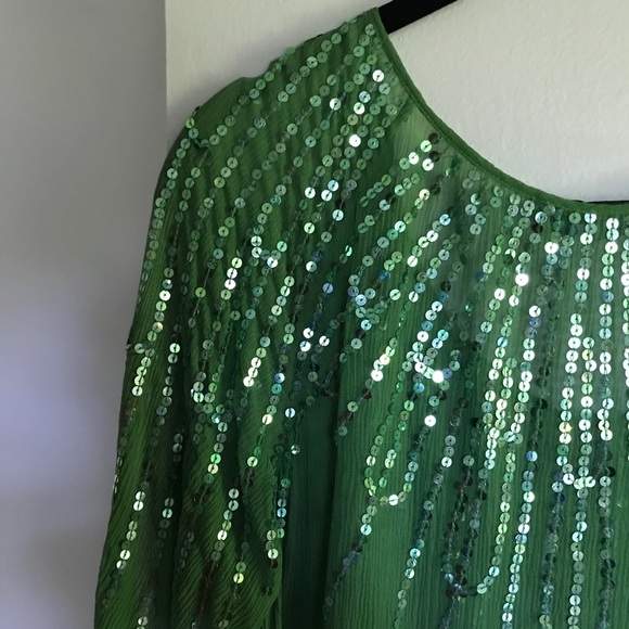 BCBG Sheer Green Sequin Boho Top - Picture 5 of 8